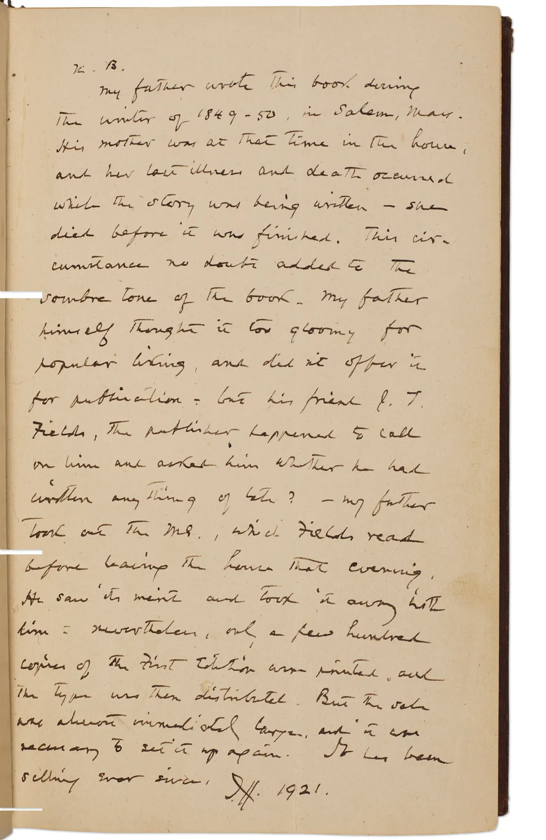 A letter by Hawthorne's son, Julian