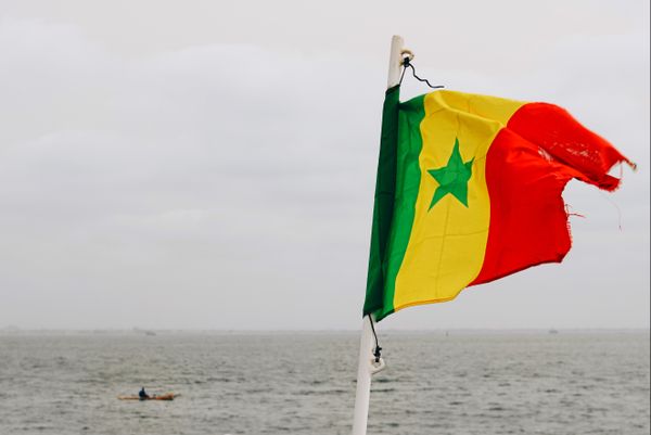 A proud flag of Senegal waves ahead of a fisherman. thumbnail