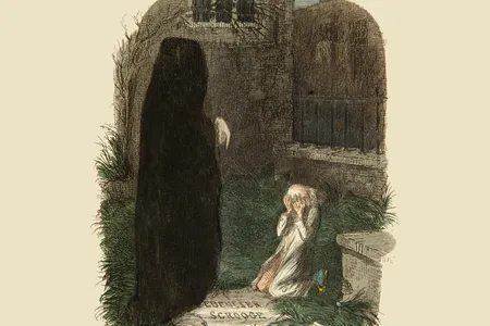 An 1843 illustration for A Christmas Carol&nbsp;by George Leech, in which Ebenezer Scrooge is shown his own tombstone

