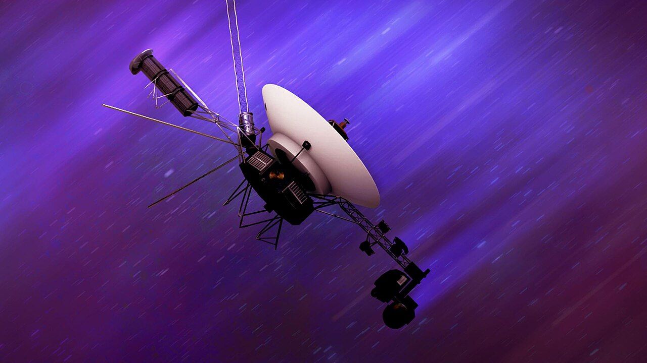 Artist's conception of a Voyager spacecraft in deep space with the sun visible as a bright star in the distance.