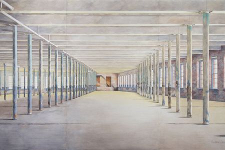 Barbara Prey's watercolor is a depiction of MASS MoCA's newest wing, which once served as a textile mill. 
