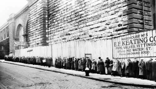 A not uncommon scene after the 1929 crash, a breadline gathers near the Brooklyn Bridge.