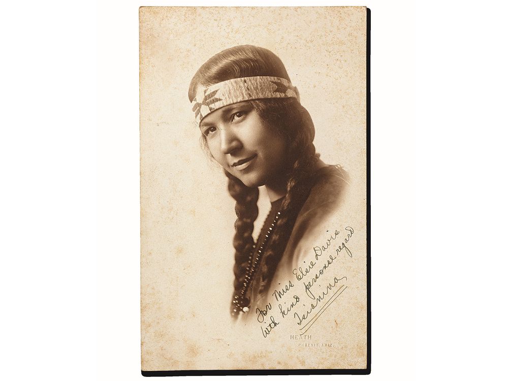 Portrait of Tsianina Redfeather, side view with writing