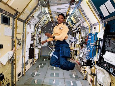 Jemison aboard the space shuttle 'Endeavour' in the Spacelab Japan science module.