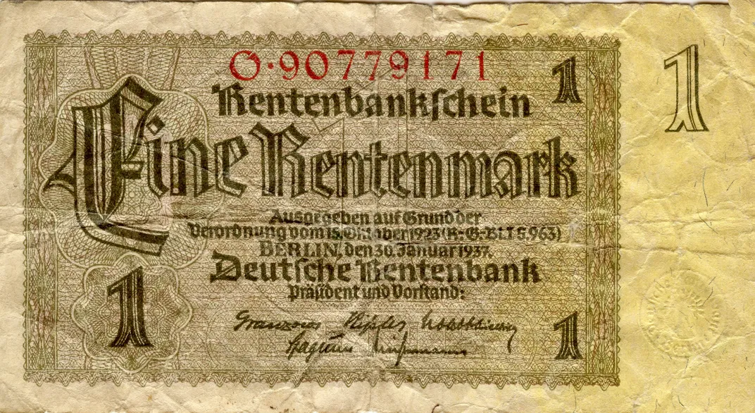 One Rentenmark, the replacement currency introduced on November 15, 1923