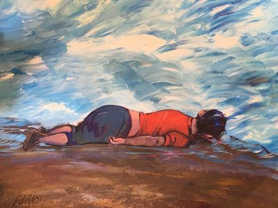 Muhammad Ansi, "Drowned Syrian Refugee Child (from Images seen on TV)," 2016.

"Muhammad Ansi, originally from Yemen, was detained at Guantánamo for almost 15 years before being released to Oman in January 2017. He learned to paint and draw at Guantánamo, working mainly in landscapes and still life. His art often features cities seen from far away, paths without beginning or end, and empty boats adrift at sea."