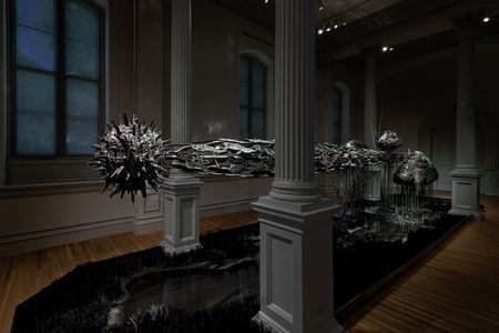 Lauren Fensterstock, The totality of time lusters the dusk, 2020, glass, Swarovski crystal, quartz, obsidian, onyx, hematite, paper, Plexiglas, wood, cement, lath, and mixed media, dimensions variable, (Courtesy Claire Oliver Gallery. Photo by Ron Blunt)