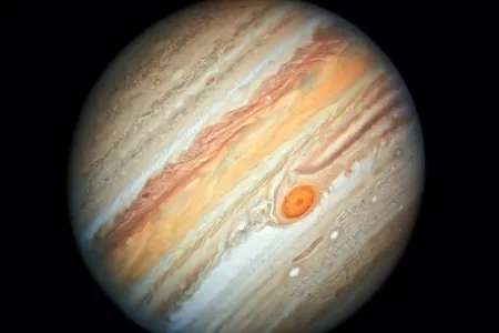 A Hubble Space Telescope portrait of Jupiter, captured in August 2019, shows the gas giant&#39;s cloud bands and storms in detail, including its iconic Great Red Spot.
