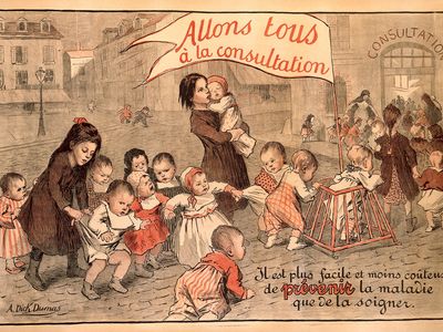 A lithograph by Alice Dick Dumas depicts children going to a clinic for a health check to prevent the advance of disease.