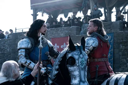 Adam Driver (left) plays Jacques Le Gris, a French squire accused of raping Marguerite, wife of knight Jean de Carrouges (right, played by Matt Damon).