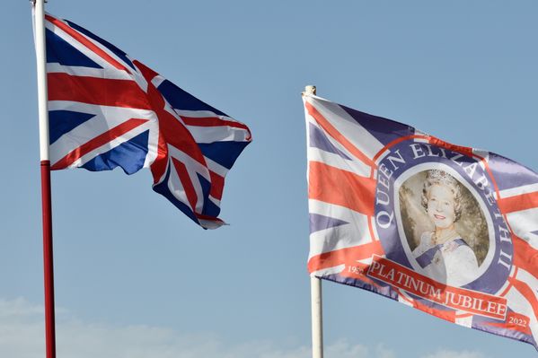 Queen Elizabeth 2 Platinum Jubilee Flag walking around Hook Norton thumbnail