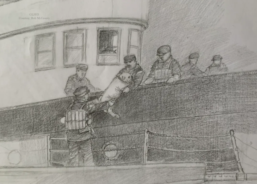 Sketch of dog being rescued from shipwreck