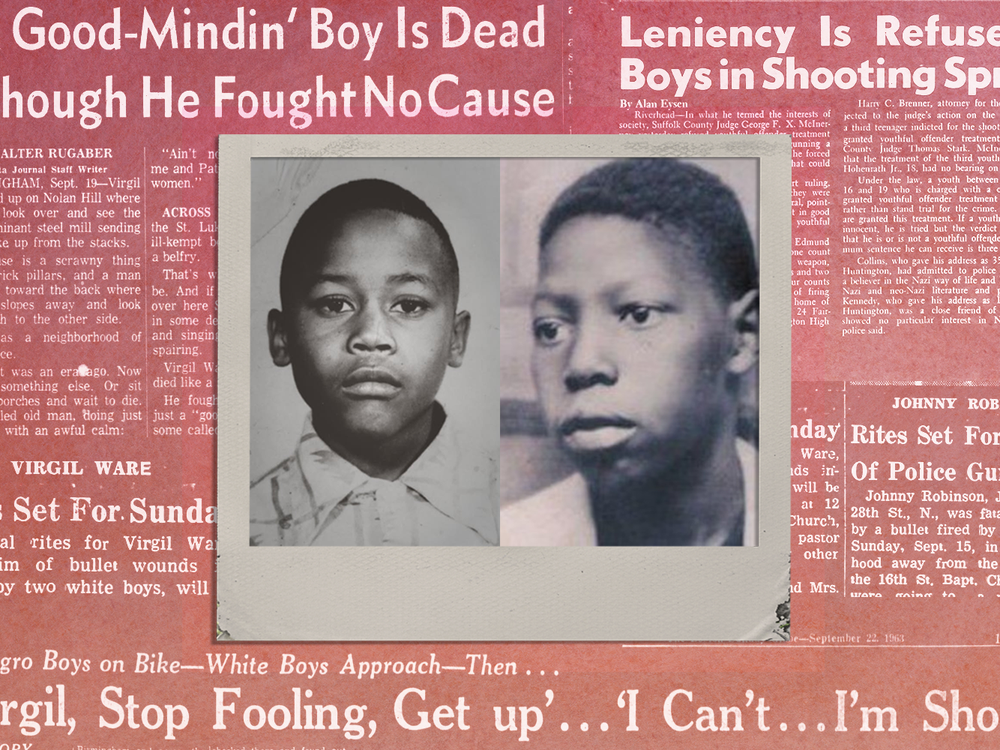 An illustration of Virgil Ware and Johnny Robinson in front of newspaper articles about their deaths