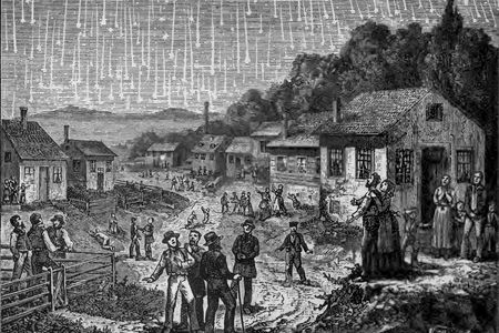 A depiction of the 1833 Leonids,&nbsp;based on a first-person account of the 1833 storm by a minister, Joseph Harvey Waggoner, on his way from Florida to New Orleans.