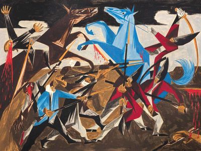 Jacob Lawrence, . . .again the rebels rushed furiously on our men. — a Hessian soldier, Panel 8, 1954, from Struggle: From the History of the American People, 1954-56