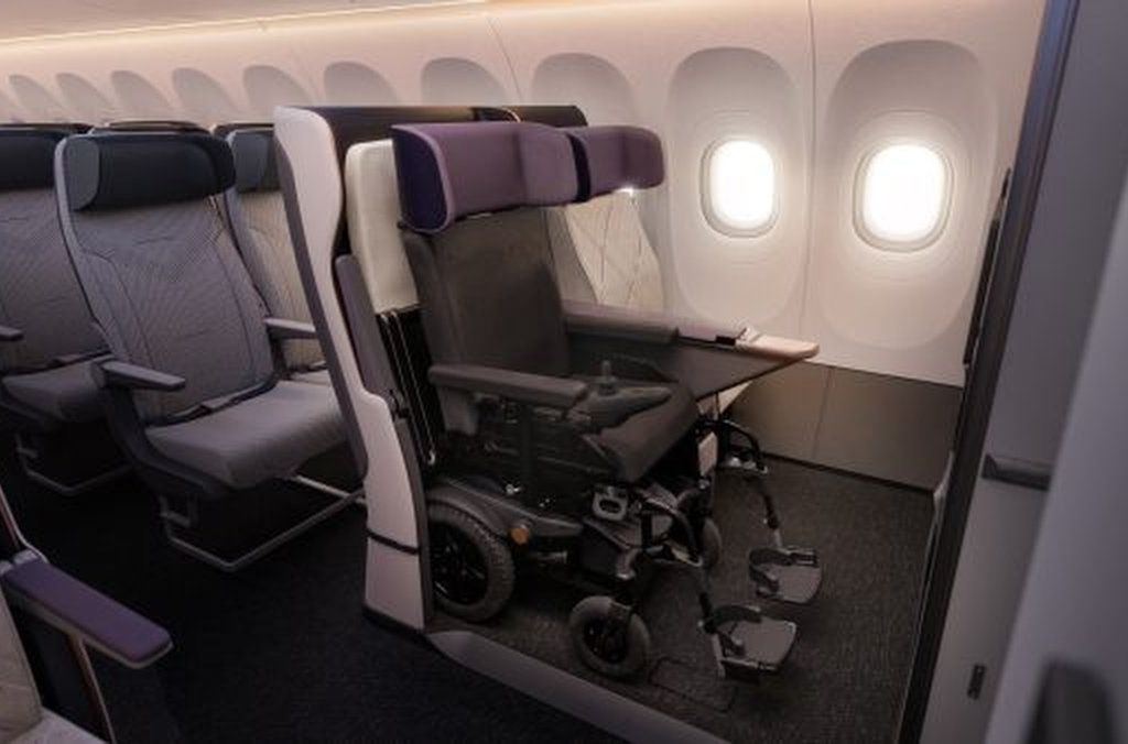 Prototype wheelchair seat on airplane