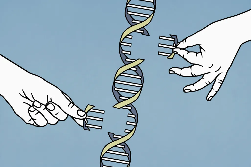 illustration of hands editing a DNA double helix