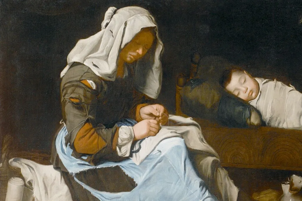 A Woman Sewing With Two Children