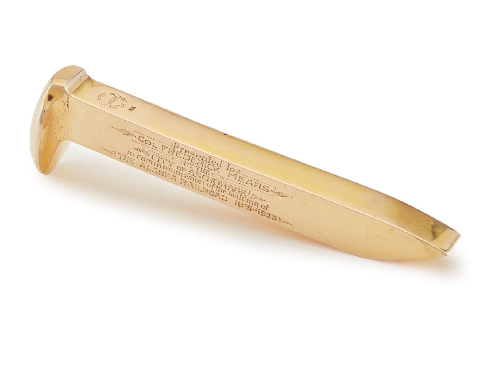 ※キズあり　アンカーホッキング【ペーパーウェイト（ハニーゴールド）】 The Alaska Railroad's Golden Spike Hammered in by President
