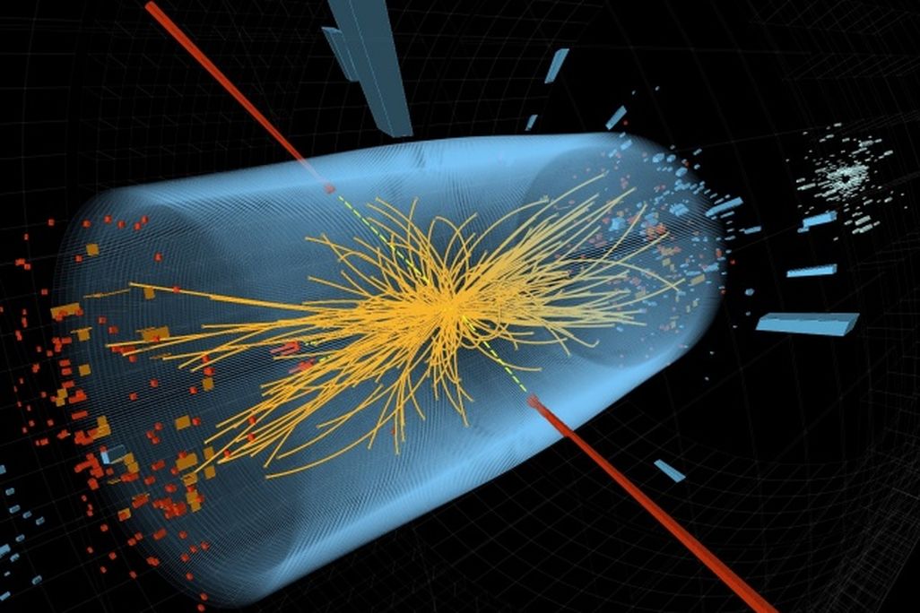 A simulation of a particle collision as seen by the Large Hadron Collider’s CMS experiment.