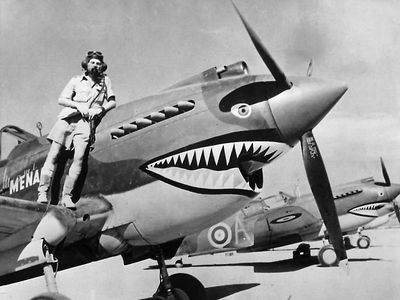 flight Lieutenant Neville Bowker and plane with shark art