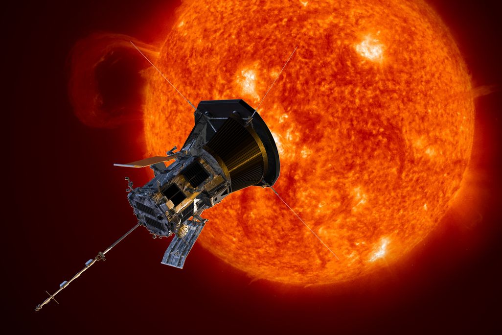Parker Solar Probe in front of the sun with a loop of solar matter projecting to the left of the star