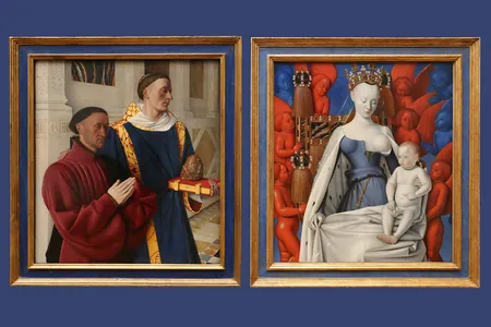 Jean Fouquet's Melun Diptych features two panels, &Eacute;tienne Chevalier with Saint Stephen on the left, and Virgin and Child Surrounded by Angels on the right.