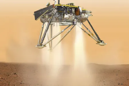Illustration of NASA's InSight lander about to land on the surface of Mars.