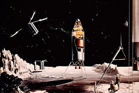 1960s science fiction illustration of lunar exploration. 
