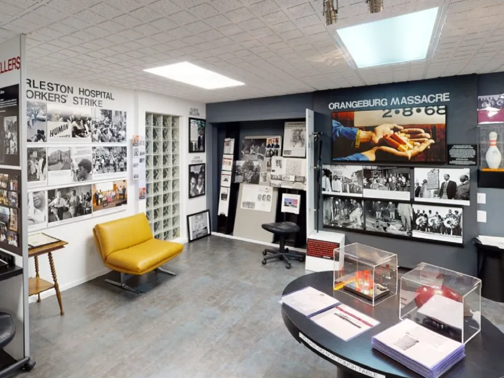 Museum interior with photographic exhibits