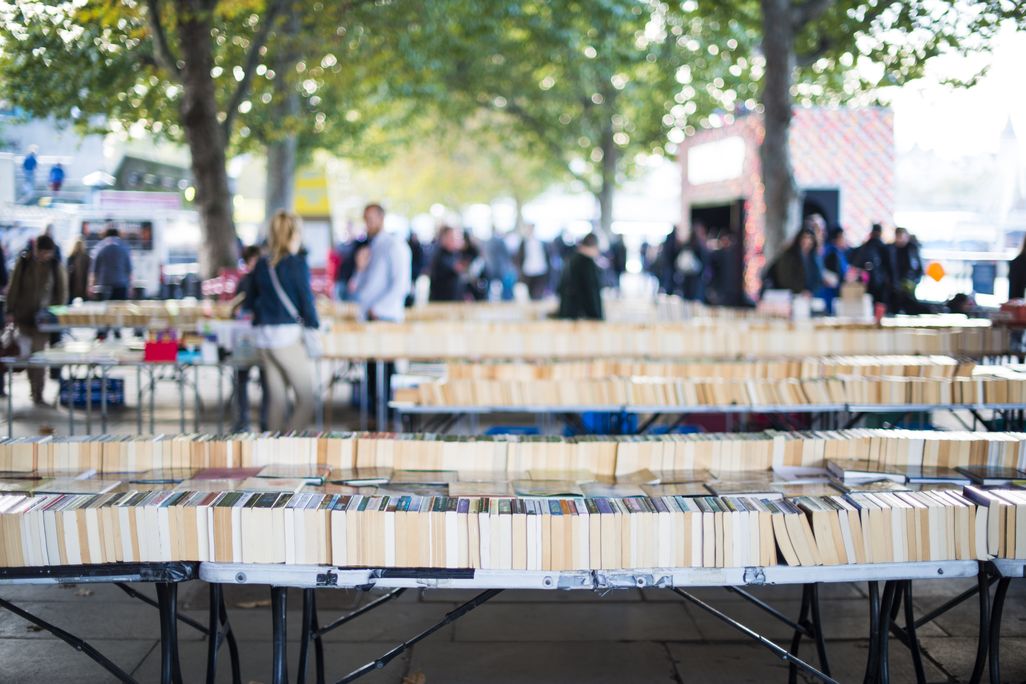Books lined up on tables