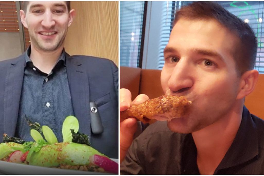 Split image of man eating in restaurants