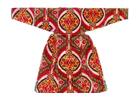 This silk velvet ikat robe was made specifically for a woman, as evidenced by the pinched waist. Velvet ikats were considered top-of-the-line, the Freer|Sackler's Massumeh Farhad explains, because two rows of weft were needed instead of the usual one.