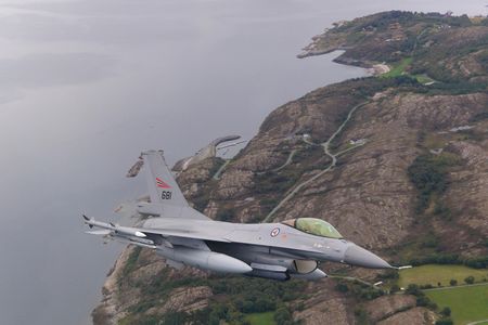 A Royal Norwegian Air Force F-16 returns to Ørland Main Air Station in 2014.