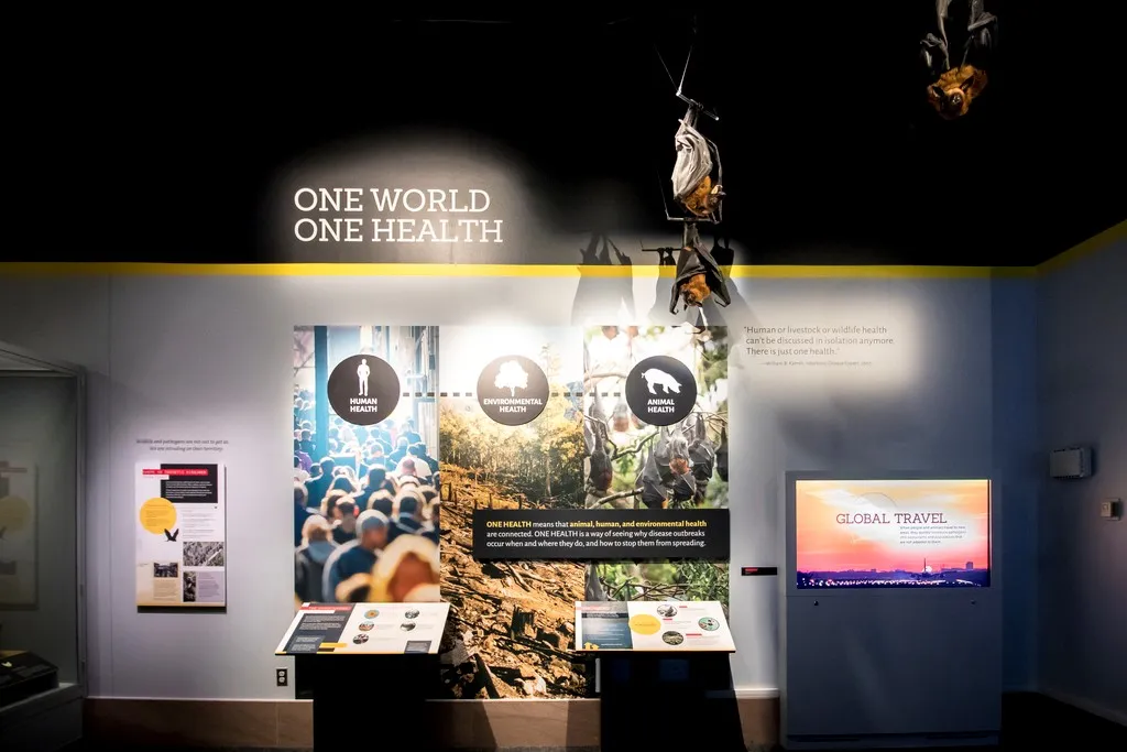 Museum exhibit display titled 'One World, One Health'