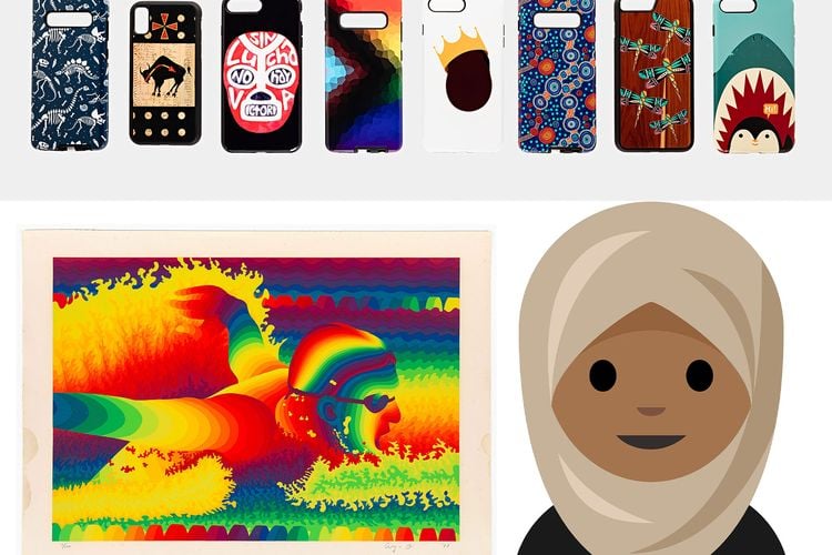 Cell phones, person with headscarf emoji and Butterfly by Ay-O