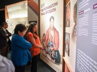 Elders Council Secretary Judy Augusta and Elders Council Member Catherine Ford tour the American Indian Museum's exhibition "Nation to Nation" on the day the Treaty of Fort Wayne is put on view.
