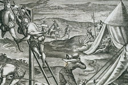References to acts of cannibalism are sprinkled throughout many religious and historical documents, such as reports of cooked human flesh being sold in 11th-century English markets during times of famine. Here, an engraving by Theodor de Bry depicts hungry Spaniards cutting down the bodies of thieves hanged by Pedro de Mendoza in order to eat them.