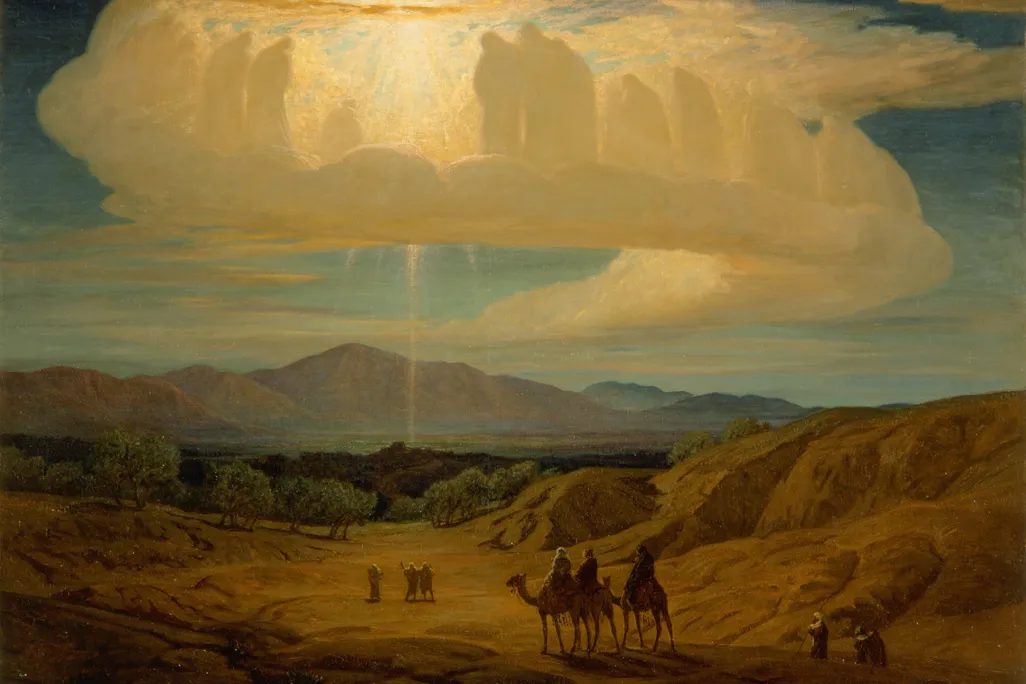 artwork of the star of Bethlehem showing three individuals on camels and an bright light in the daytime light