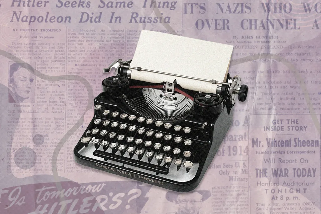 Typewriter against background of featured journalists' newspaper articles