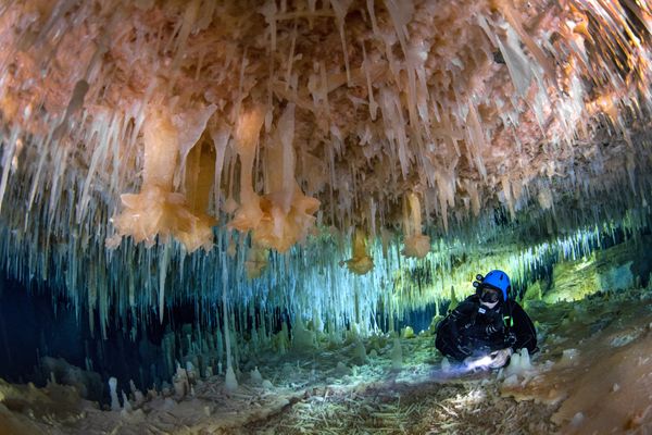 Crystal formations inside a delicate underwater cave thumbnail