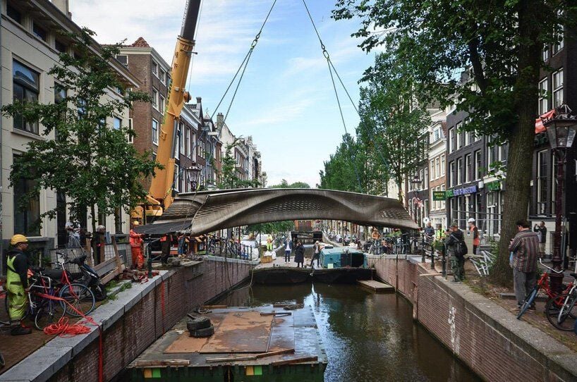 View of bridge being installed in Amsterdam