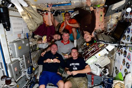 Astronauts enjoy a Thanksgiving feast on the International Space Station in 2014. Turns out that modern space food is something to be grateful for. 