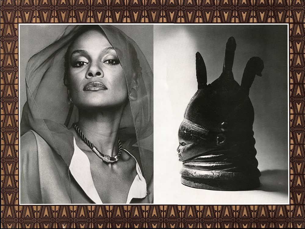 Page from the Polished Ambers advertising book showing a photograph of a model next to an image of an African sculpture.