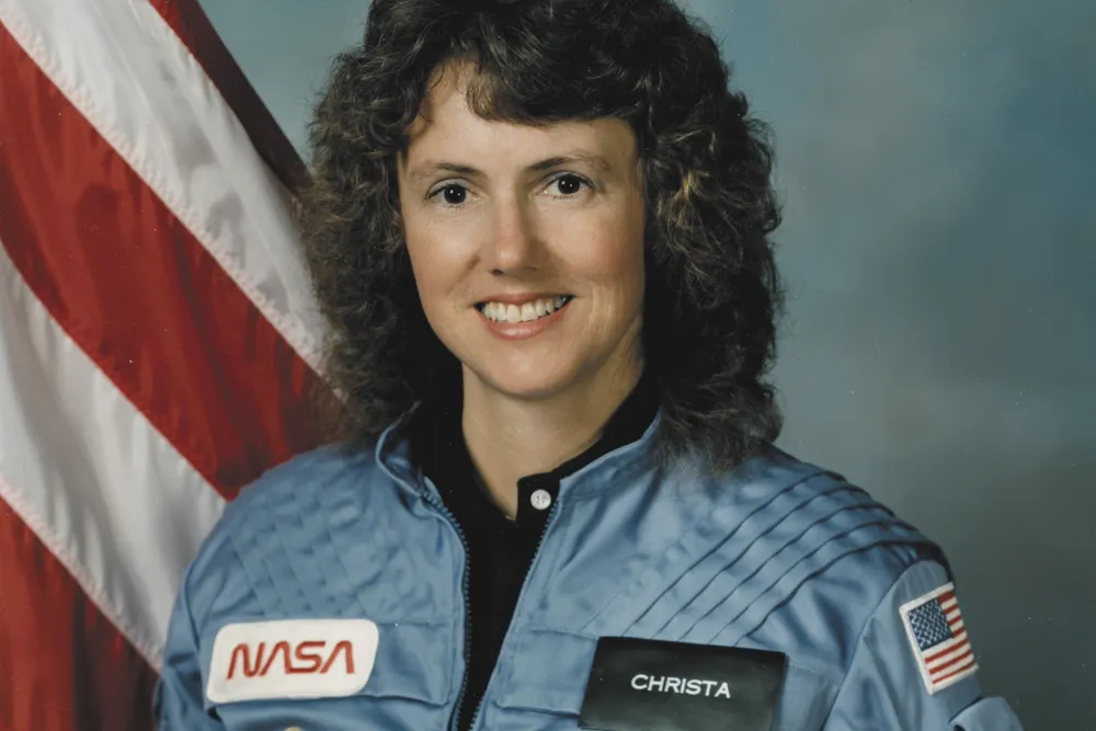 Christa McAuliffe portrait in her NASA uniform