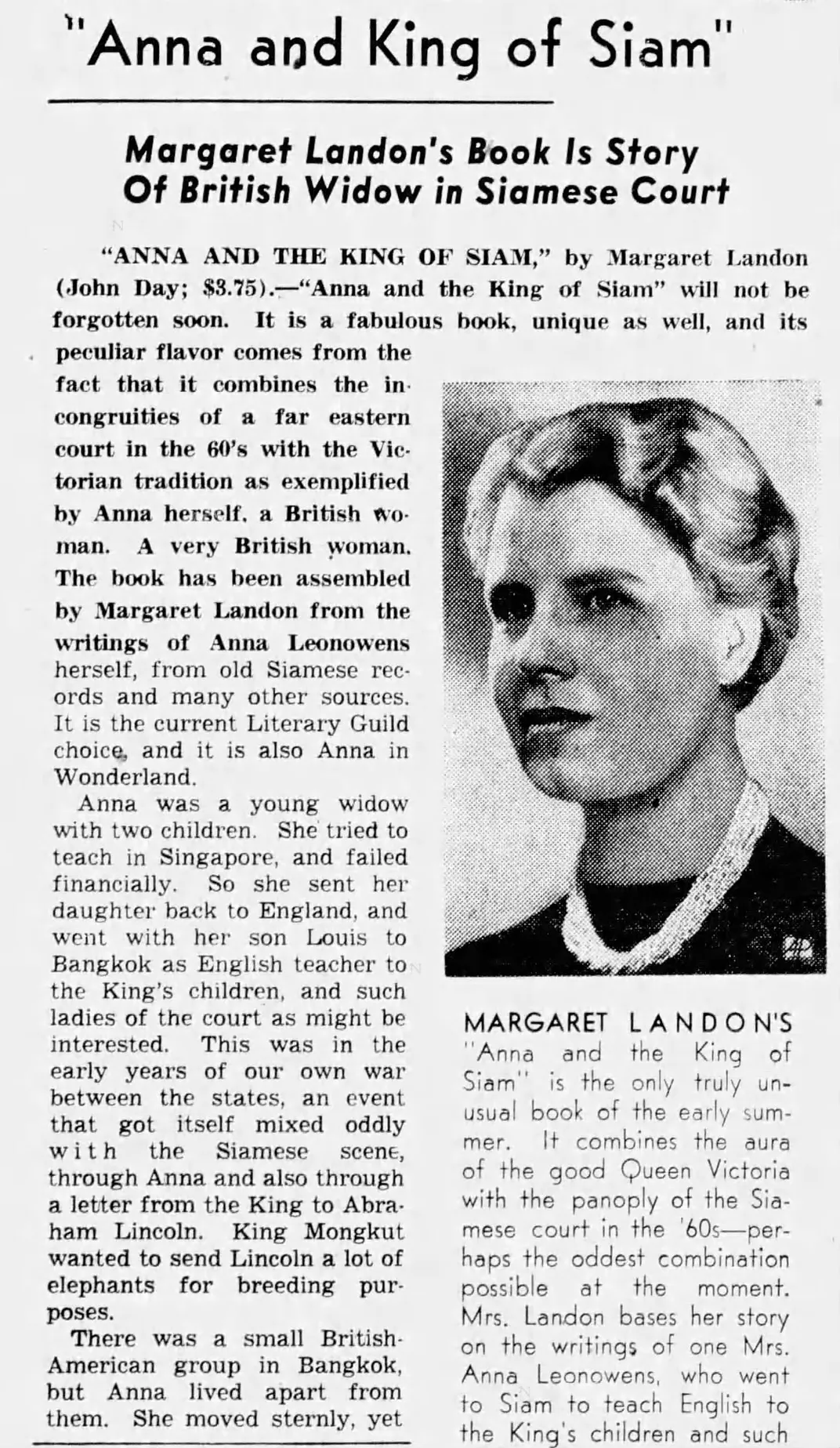 A newspaper review of Margaret Landon's Anna and the King of Siam