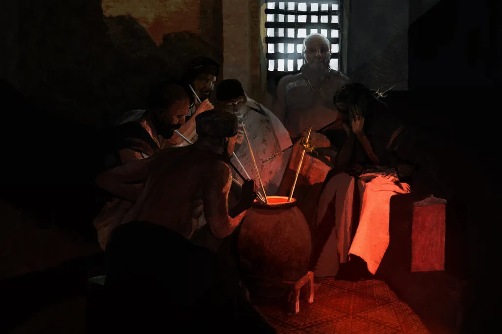 An illustration of ancient people in a dimly lit interior, wearing long draped clothing and sipping from the same large pot with elongated straws