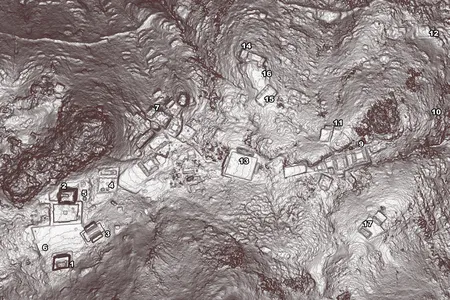 This lidar scan shows the epicenter of the city, where its largest buildings stood.