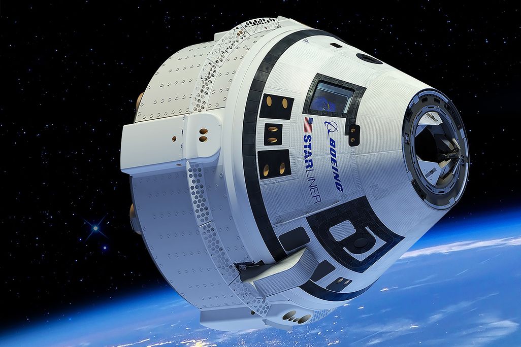 An illustration of the Boeing CST-100 Starliner spacecraft, currently docked to the International Space Station as engineers troubleshoot thruster and helium leak issues.