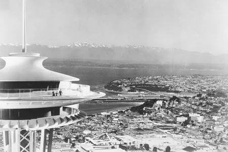 View of the Space Needle and the Century 21 Exposition fairgrounds in Seattle in 1962
